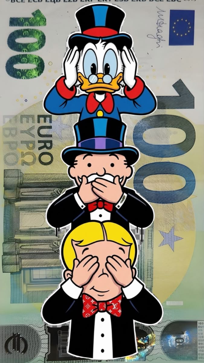 ثلاث شخصيات كرتونية على خلفية أوراق نقدية